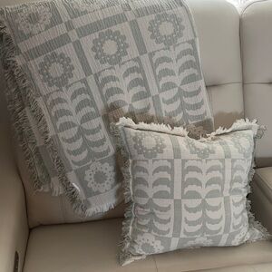 Kirklands block print sage and Cream Accent Pillow and blanket set.